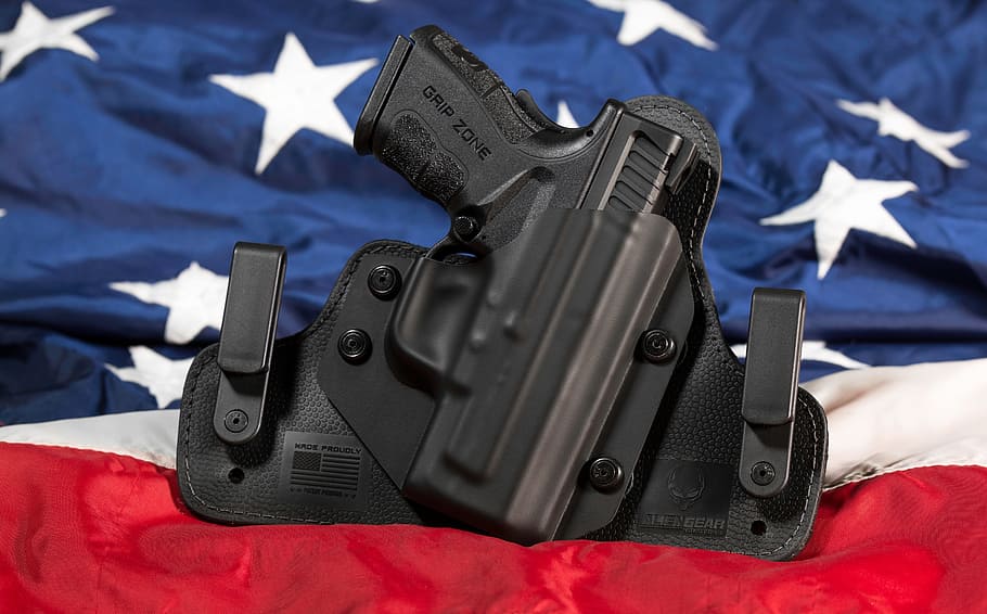 negro, semiautomático, pistola, funda, EE. UU., segunda enmienda, llevar oculto, bandera estadounidense, ccw, arma