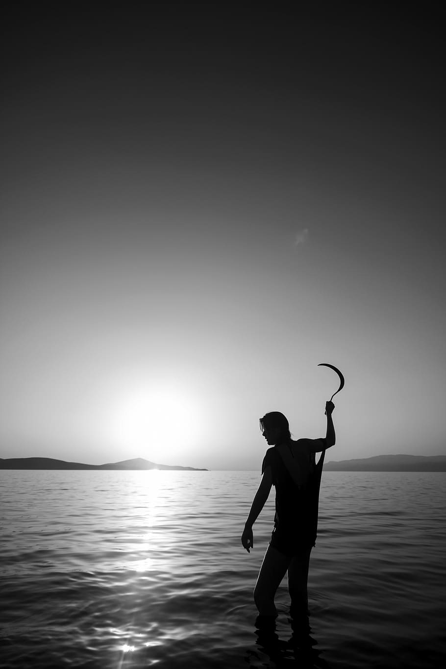 silhouette, person, holding, sickle, black and white, model, marine, portrait, exposure, human