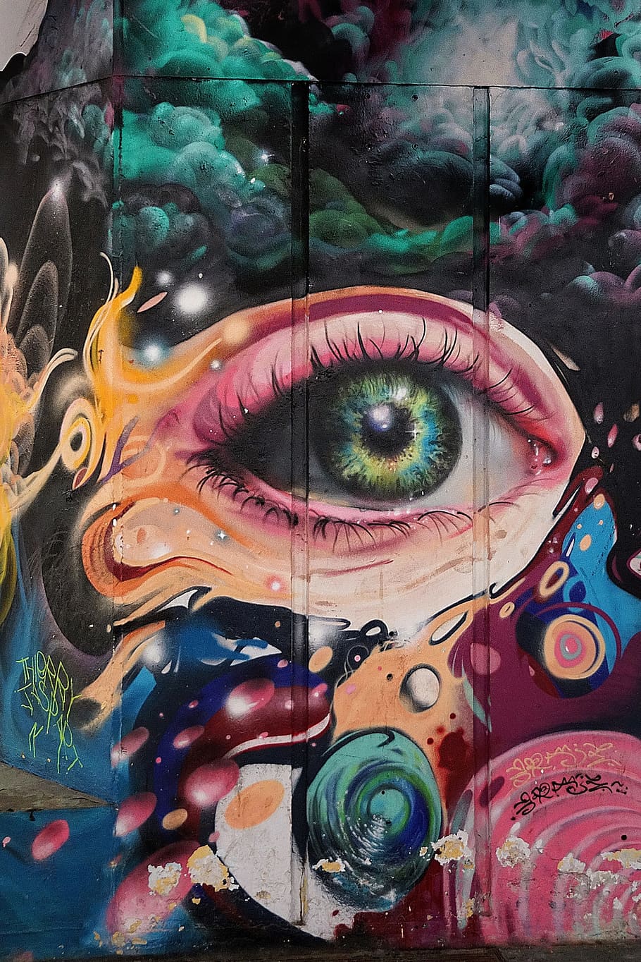 multicolored abstract painting, eye, graffiti, street, wall, art, fantasy, creativity, artistic, color