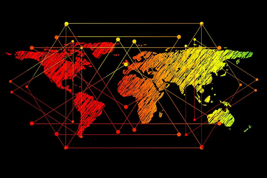 Ilustración del mapa mundial, globo, red, conectividad, conectar, comunidad, mundo, continentes, bosquejo, tierra
