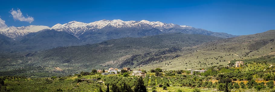 creta, grécia, montanhas, montanha, panorama, cênico, neve, oliveiras, vila, natureza