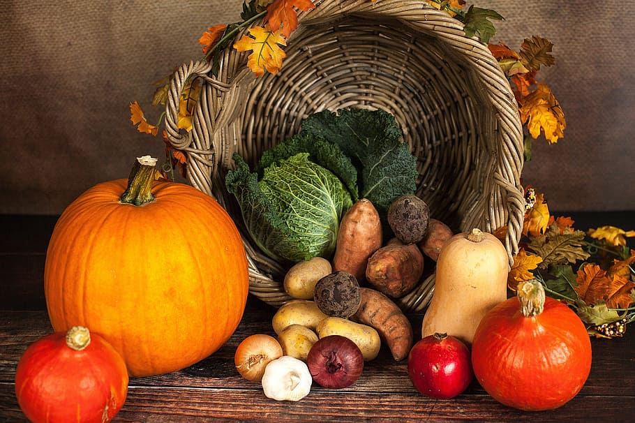sayuran musim gugur, Labu, sayuran, makanan / Minuman, musim gugur, makanan, ucapan syukur, Warna oranye, musim, daun