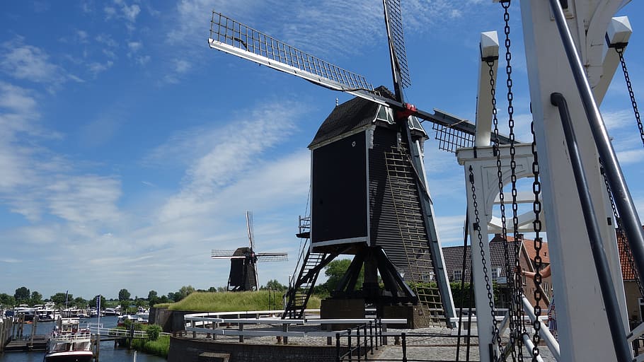 mill, netherlands, historic mill, dutch landscape, holland, village, built structure, architecture, building exterior, day