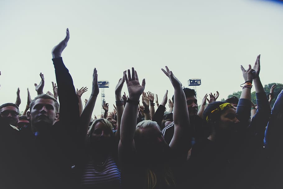 crowd, people, raising, arms, group, hands, daytime, party, concert, celebration