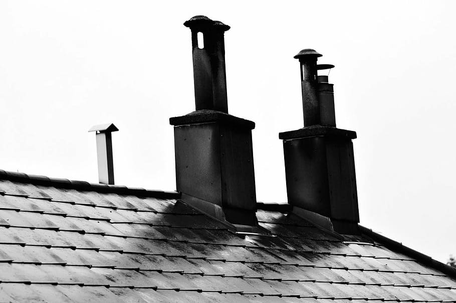 chimney, chimneys, smoke stack, smoke stacks, roof, shingles, roof tiles, architecture, black And White, day