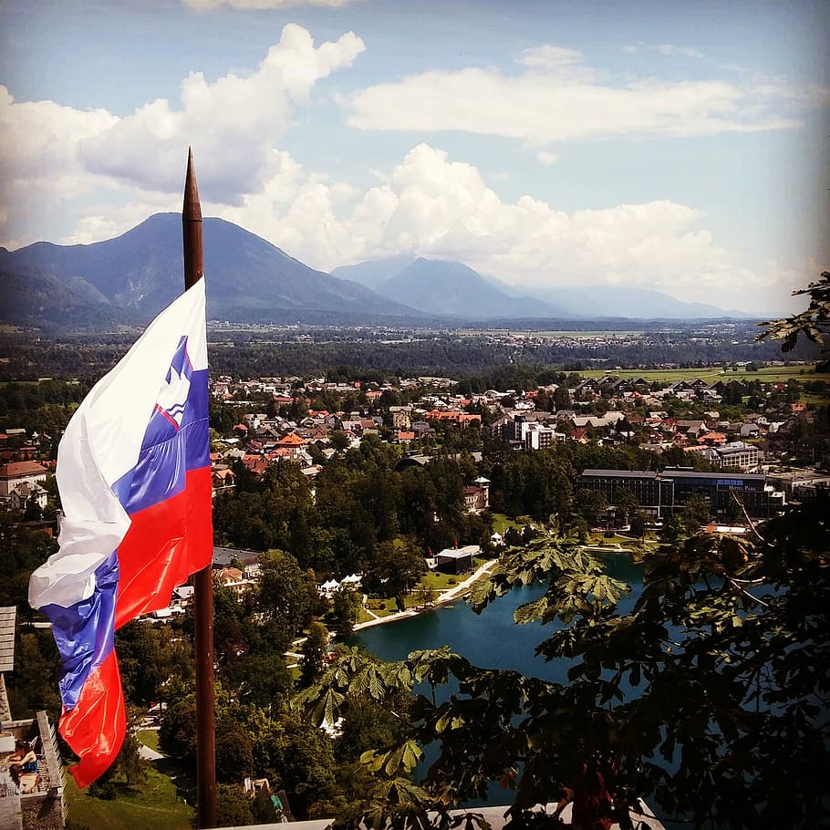 Slovenia, Flag, Lake, Mountain, Castle, lake, mountain, sky, vista, patriotism, outdoors