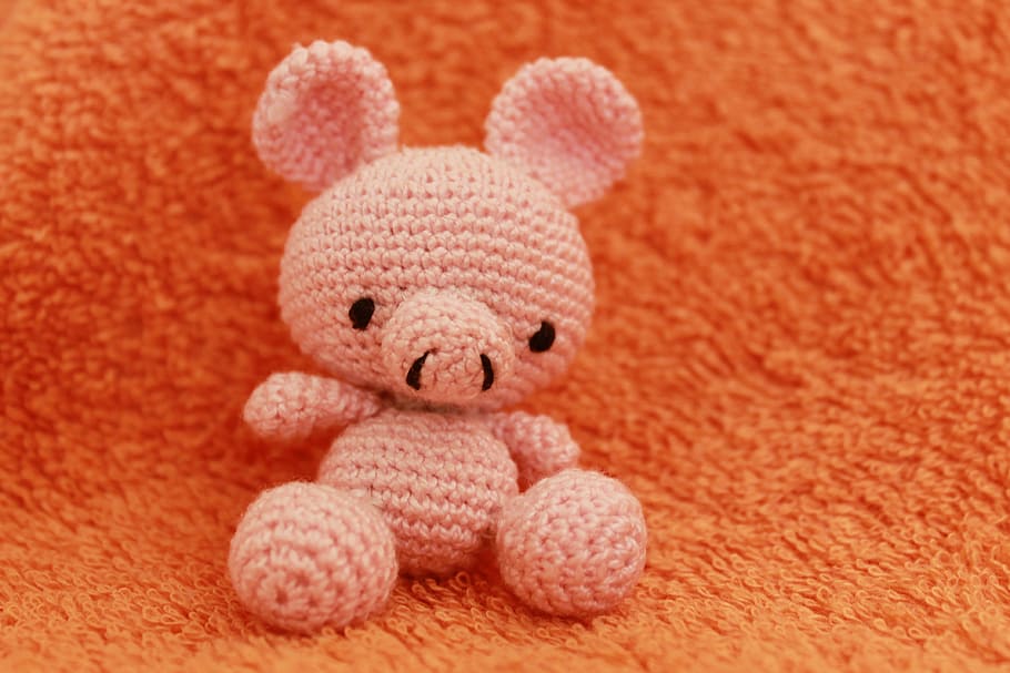 pink, bear, knitted, plush, toy, orange, textile, crochet, pig, crocheted