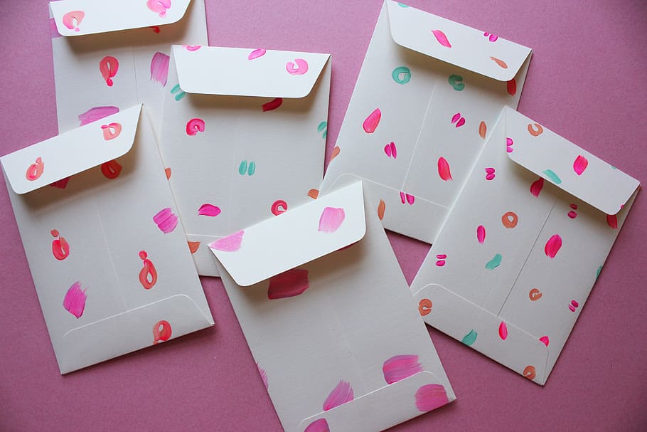 six, white-and-multicolor envelopes, pink, surface, Envelope, Paint, Crafts, Paper, Post, letter