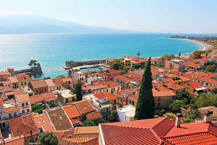 greece, nafpaktos, stone wall, natural stone wall, tourism, middle ages, over the rooftops, sky, culture, travel