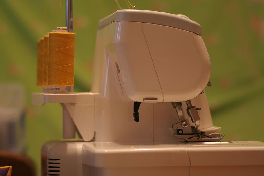 selective, focus photo, white, electric, sewing machine, Thread, Spool, Sewing, overlocker, cotton