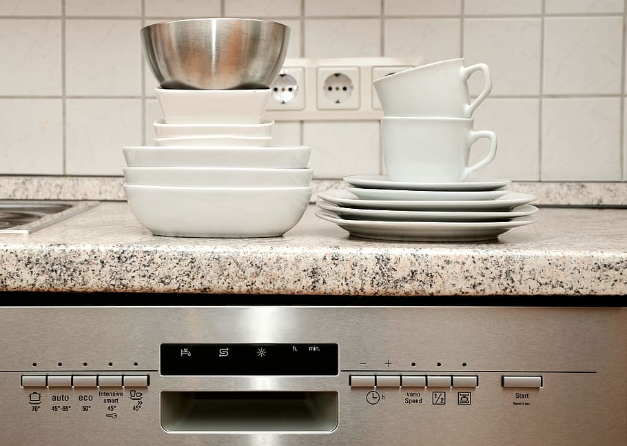 white, ceramic, plates, bowls, cups, brown, marble tile, tableware, dishwasher, kitchen