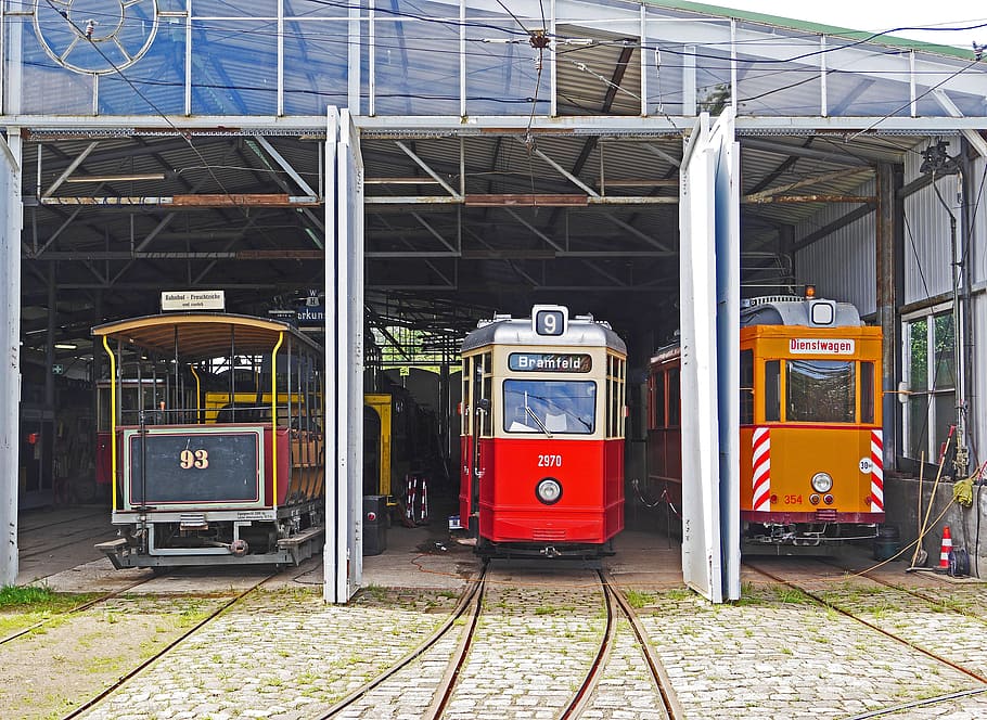 hamburg trams, museum depot, schönberger beach, baltic sea, kiel, schoenberg, vehicle hall, exhibits, normal track, tram