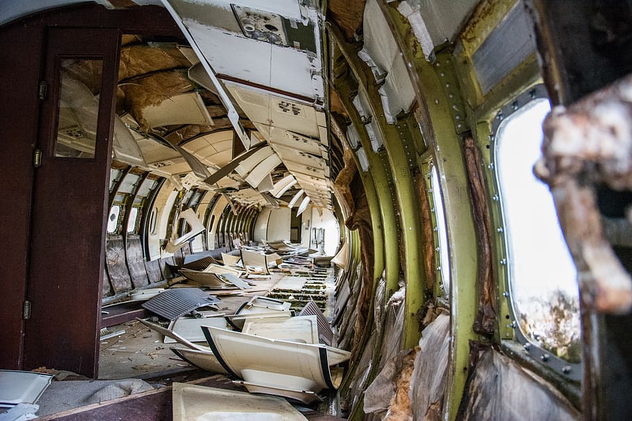 airplane, crash, wreck, damaged, indoors, abandoned, day, architecture, history, old