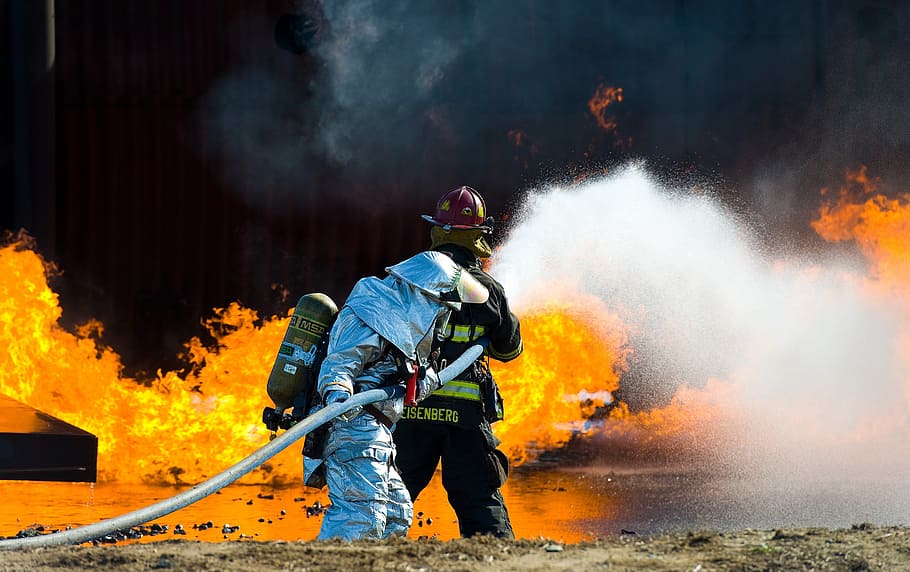 pemadam kebakaran, api, potret, pelatihan, monitor, panas, tangki oksigen, berbahaya, membakar, asap