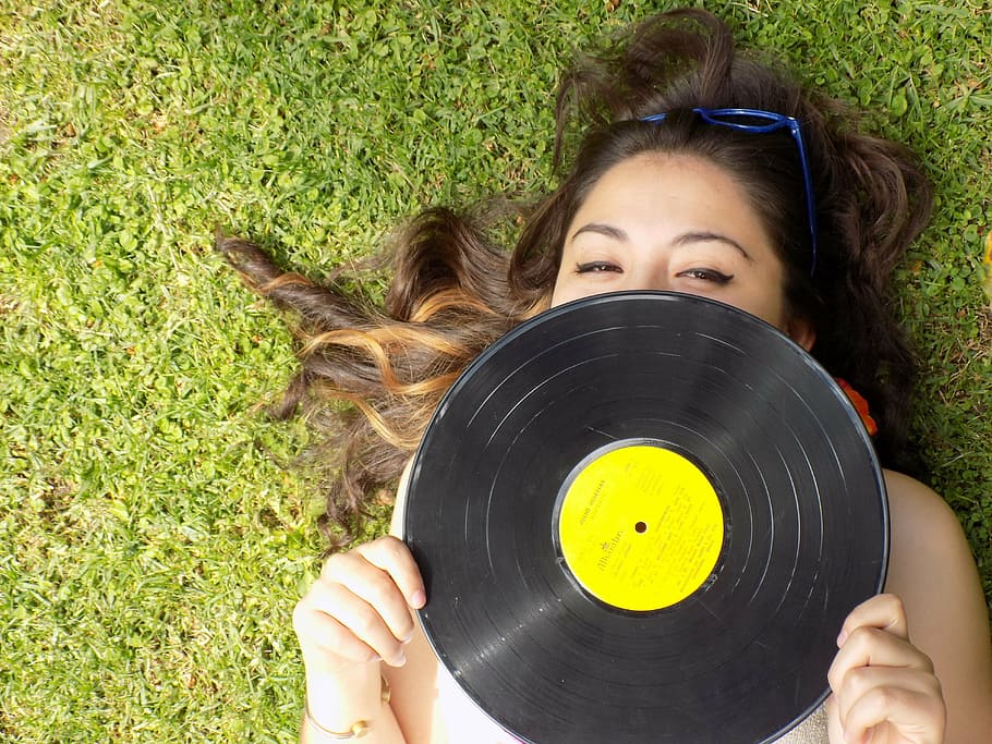 woman, holding, vinyl disc, retro, girl, portrait, disk, vinyl, lawn, young adult
