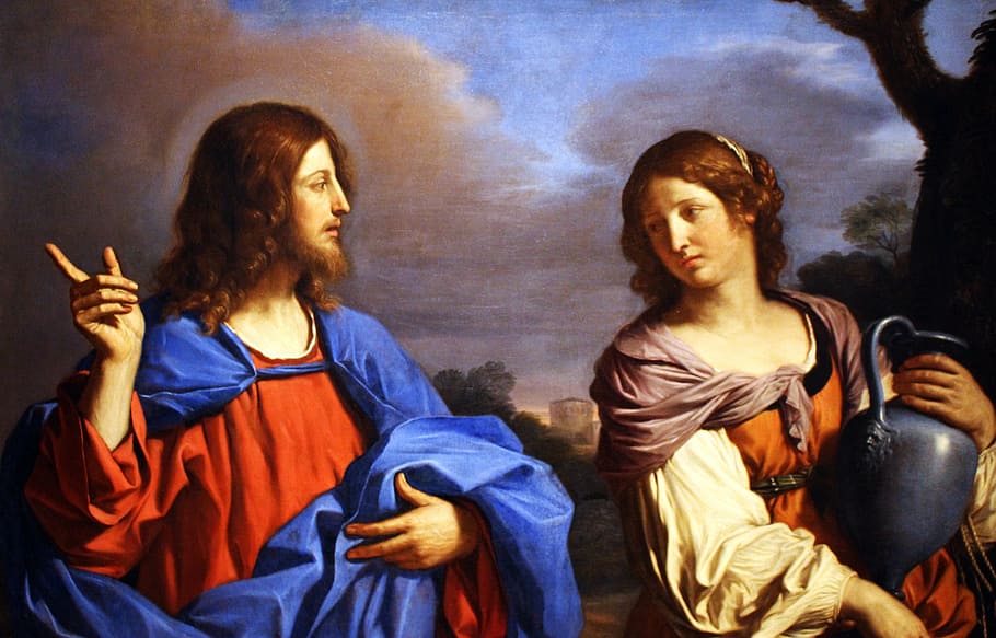 woman, carrying, jar, man, wearing, red, top, painting, jesus, mary magdalene