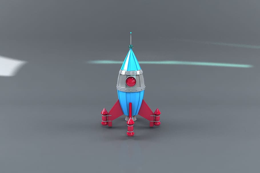 blue, red, rocket toy, space rocket, 3d, 3d modeling, cone, traffic cone, security, protection
