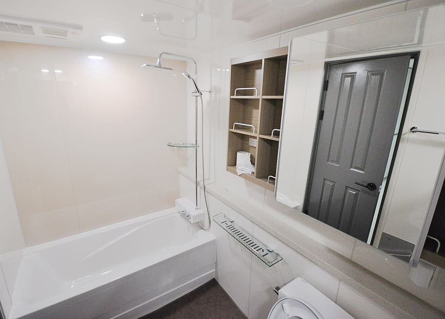 white, ceramic, bathtub, wooden, wall, mount, shelf, interior, design, home