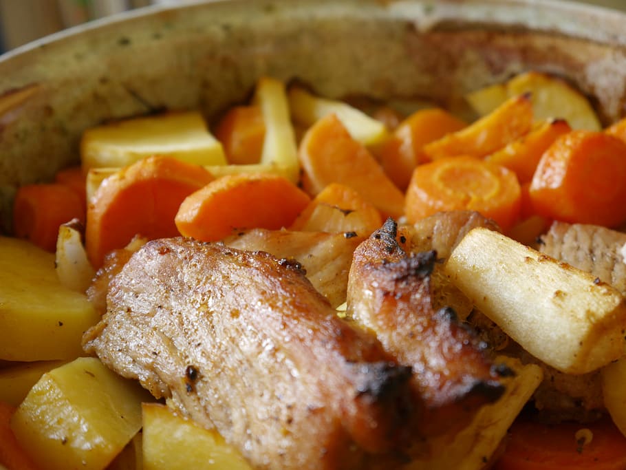 Pork, Meal, Carrot, Roasted, Gourmet, food and drink, food, healthy eating, preparation, close-up