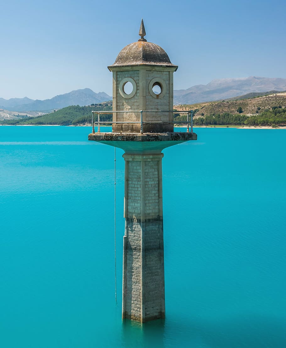 gray, concrete, tower, watchtower, lake, turquoise water, lighthouse, impoundment, dam, spain