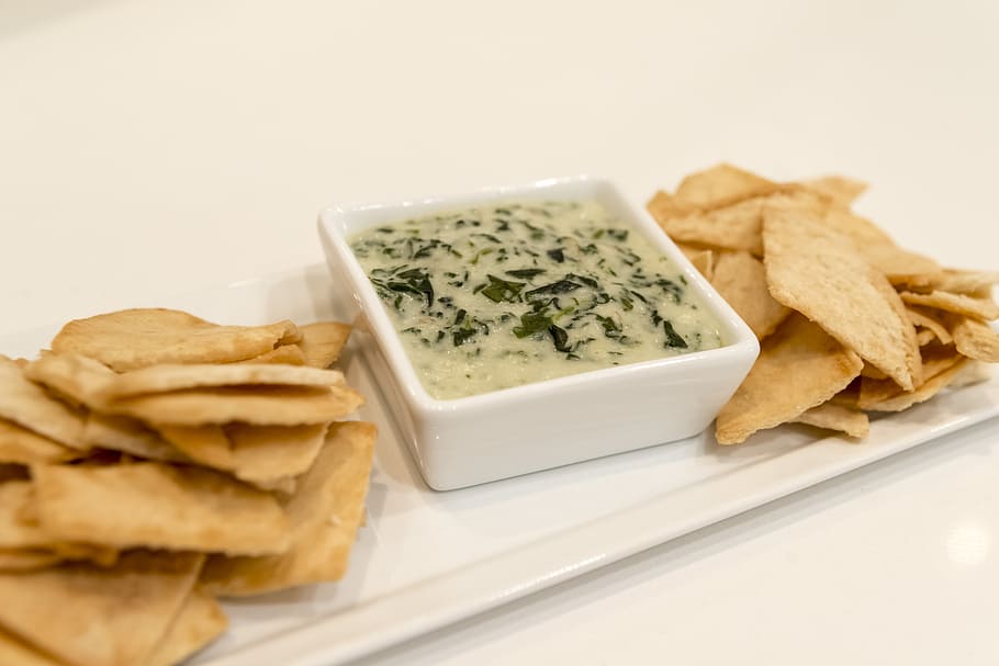 chips, dipper, white, ceramic, platter, food, dip, chips and dip, artichoke, spinach