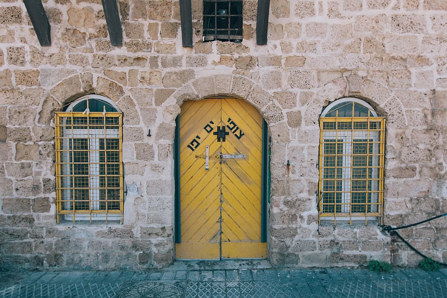 amarelo, verde, de madeira, fechado, porta, marrom, parede de tijolos, porta fechada, arquitetura, tijolo