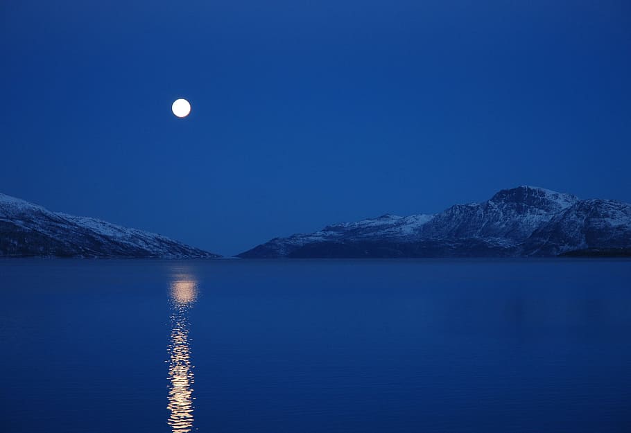 sky, nature, winter, snow, landscape, full moon, norway, fjord, lake, sea