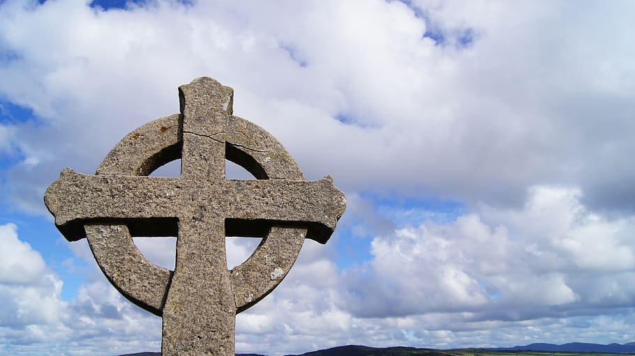 irlanda, celta, cênico, irlandês, cruz, histórico, velho, marco, pedra, céu