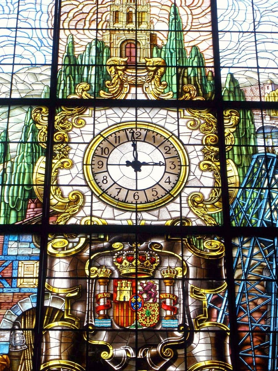 abando, train station, bilbao, window, clock, decorative, spain, north station, glaziers union of artists of irun, art