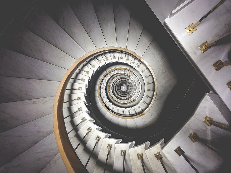 escadas em espiral, espiral, escada, arquitetura, curva, circular, degraus e escadas, degraus, trilhos, vista de alto ângulo