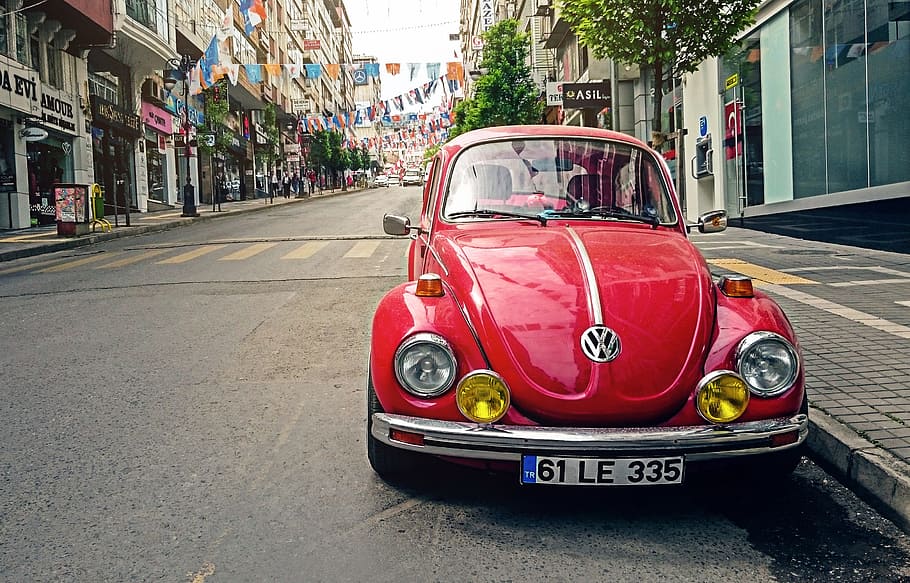 red, volkswagen beetle car park, concrete, buildings, Volkswagen Beetle, street, automotive, buntings, car, city