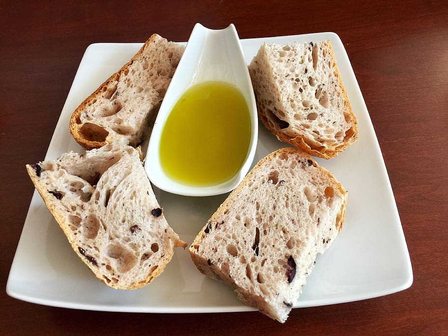 bread, olive oil, healthy, delicious, mediterranean, oil, nutrition, white, dish, plate