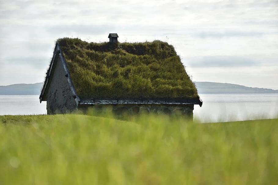 casa de piedra, casa, techo de césped, techo verde, protección climática, tradiciones, históricamente, antiguo, prado, mar