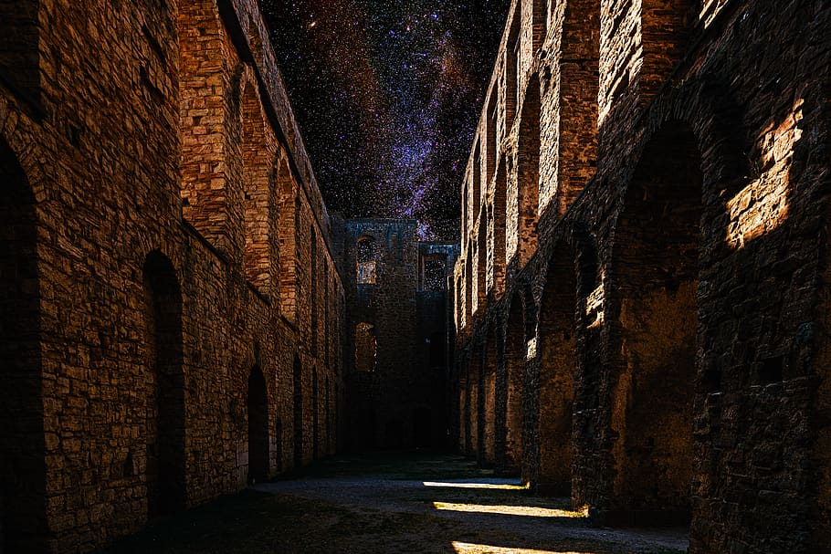 sky, star, starry sky, milky way, ruin, substantiate, masonry, castle, fortress, architecture