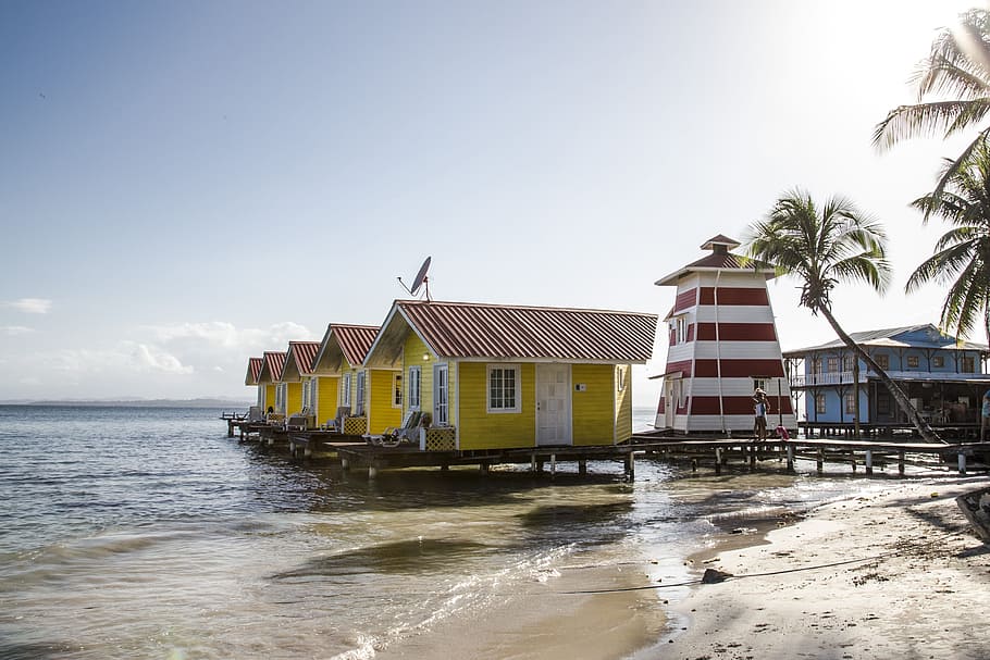 houses, beach, daytime, bungalow, house, sea, lighthouse, wooden, travel, vacation