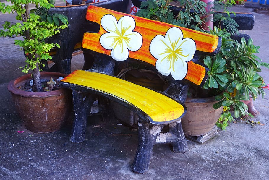 white, flower, painted, brown, Seat, Bench, Chair, Garden, park, furniture