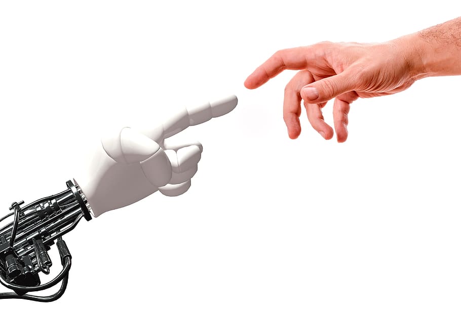 futuro, humano, robot, mano, artificial, fantasía, mano humana, fondo blanco, parte del cuerpo humano, foto de estudio
