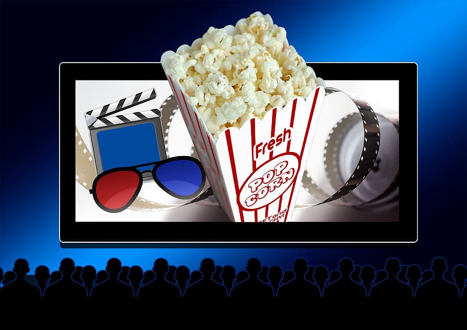 palomitas de maíz, póster de cine de caja, cine, teatro, gafas 3d, filmklappe, solapa, presentación, demostración, espectadores