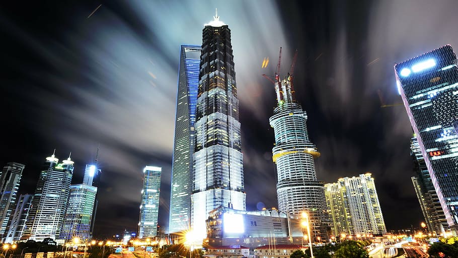 fotografía, edificios de la ciudad, Shangai, Pudong, vista nocturna, noche, paisaje urbano, horizonte urbano, arquitectura, rascacielos