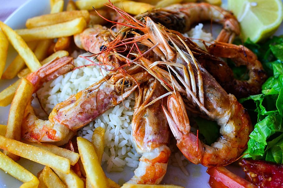 rice, chips, shrimps, food, delicious, oriental, crunchy, plate, cooked, meal