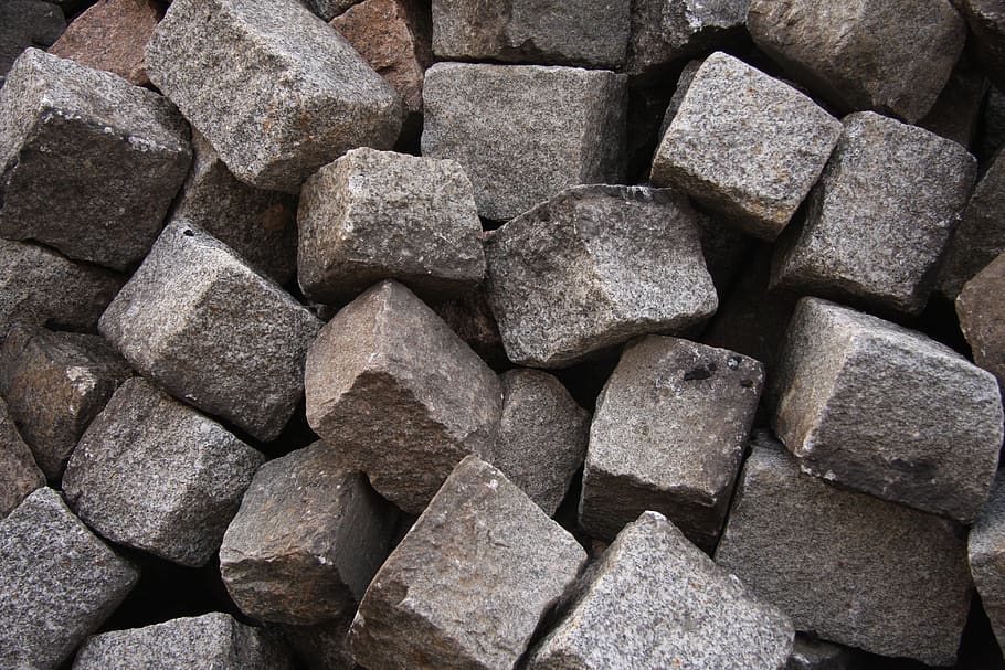 stones, granite, small patch, paving stones, grey, pile, cairn, cube, road, road construction