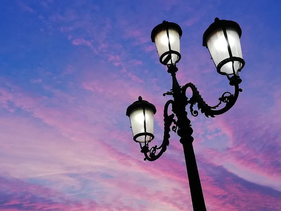 sunset, lamppost, sky, clouds, twilight, lighting equipment, street light, street, low angle view, illuminated