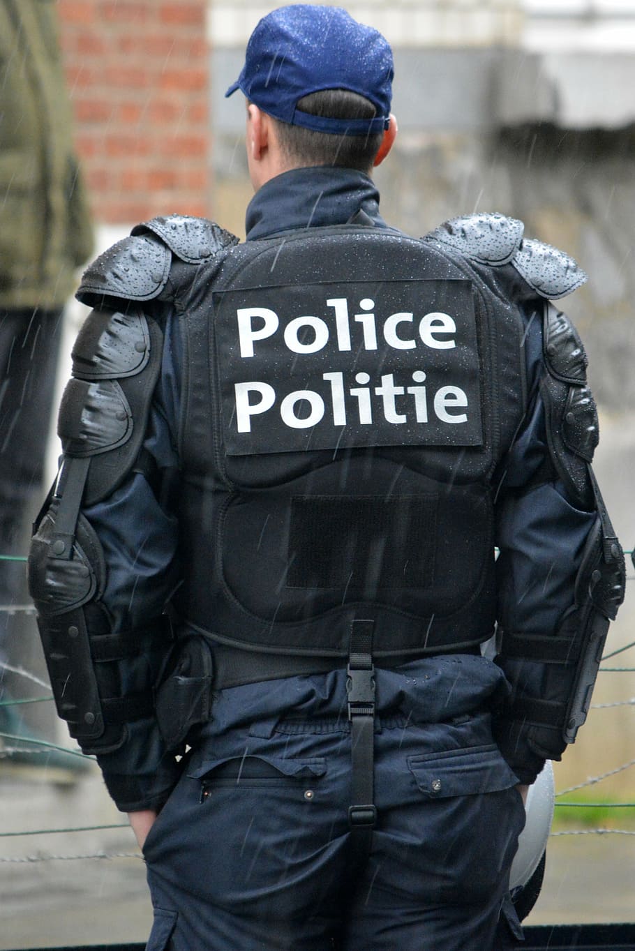 police, blue, agent, people, police officer, uniform, job, combat equipment, rear view, clothing