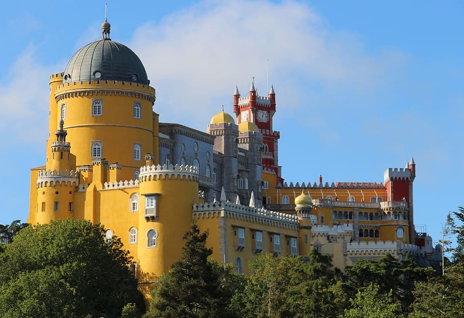 yellow, red, castle, blue, white, sky, Palace, Sintra, Landscape, Trees