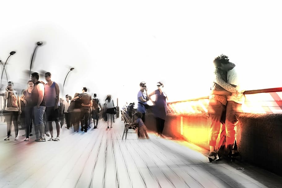 time-lapse photography, people, standing, bridge, blur, blurred, urban, cityscape, blured people, people background