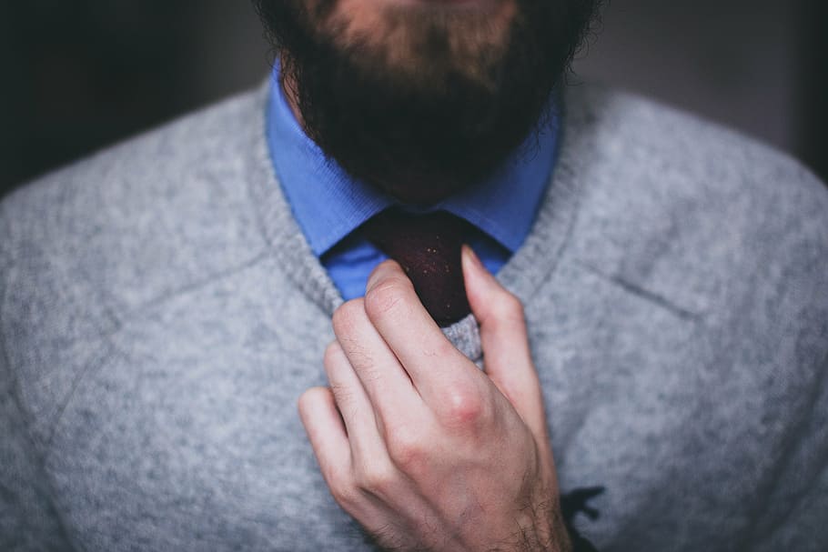 man, wearing, gray, sweater, blue, dress shirt, necktie, tie, fashion, beard