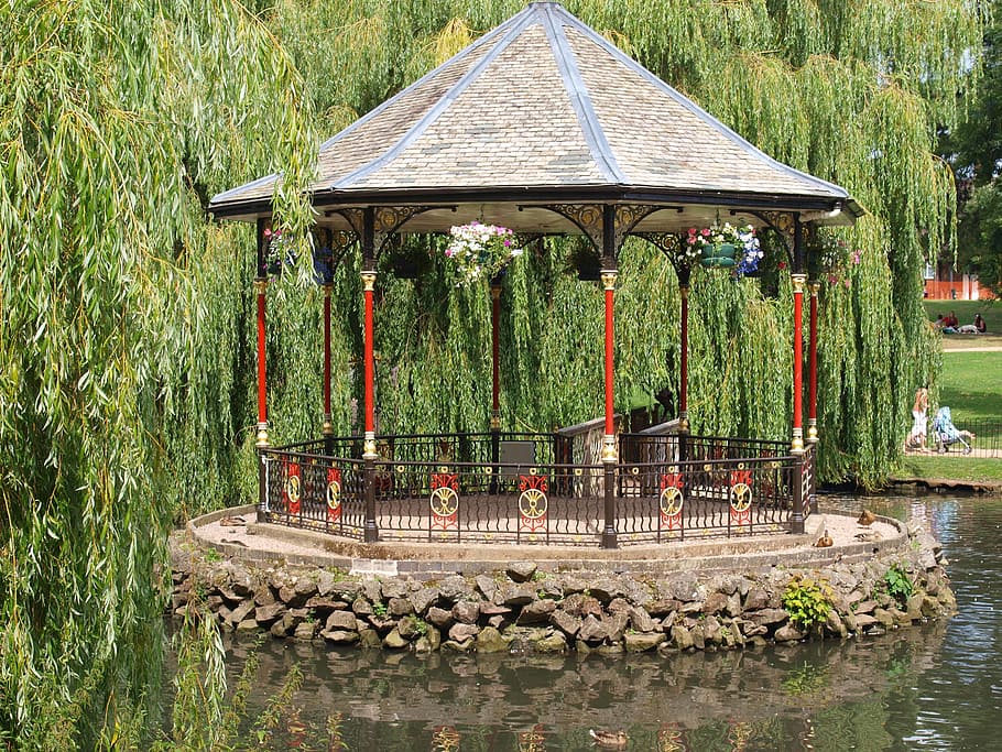 bandstand, park, pond, building, water, nature, plant, built structure, day, architecture