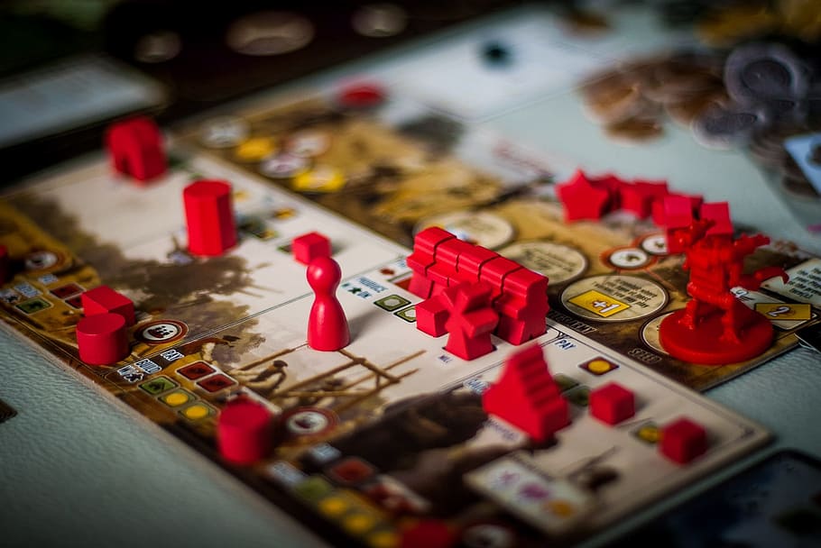 board games, play, scythe, game, game tokens, token, selective focus, red, close-up, large group of objects