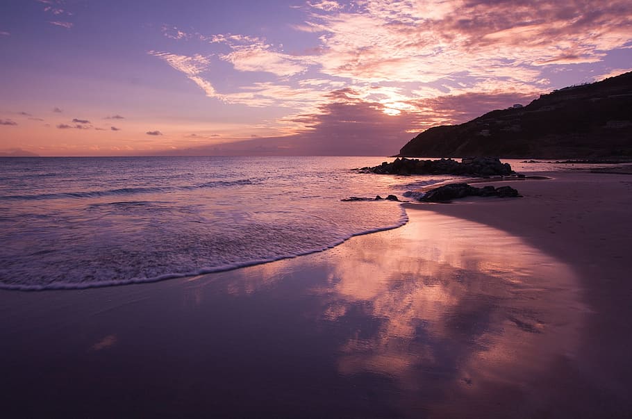 orilla del mar, foto del atardecer, playa, puesta del sol, reflexión, mojado, arena, vidrioso, superficie, espejo