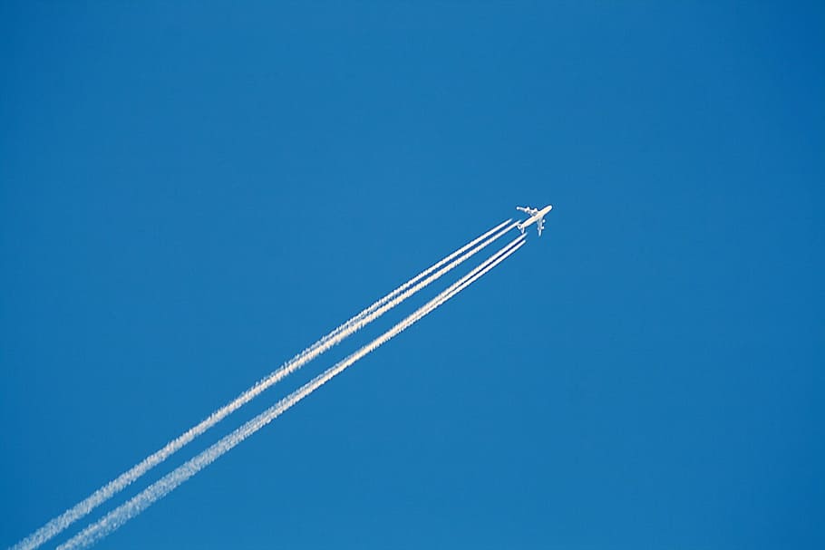 Pesawat, Langit, Biru, Terbang, Perjalanan, jejak uap, transportasi, pesawat terbang, kecepatan, kendaraan udara